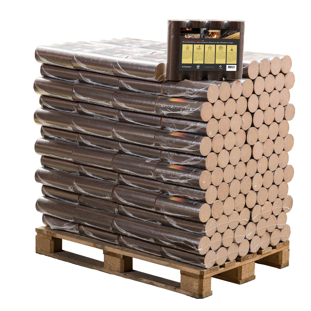 Pollmeier-Premium-Plus-10kg-Palette.jpg Runde Buchenholzbriketts 960 kg Palette 96 Packungen 10 kg – Bild 1